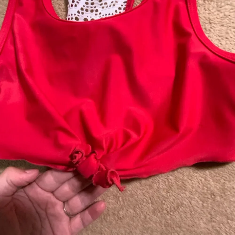 Justice Sz 16 Red Racerback Swimsuit Girls Top White Crochet Design Back‎ (C)